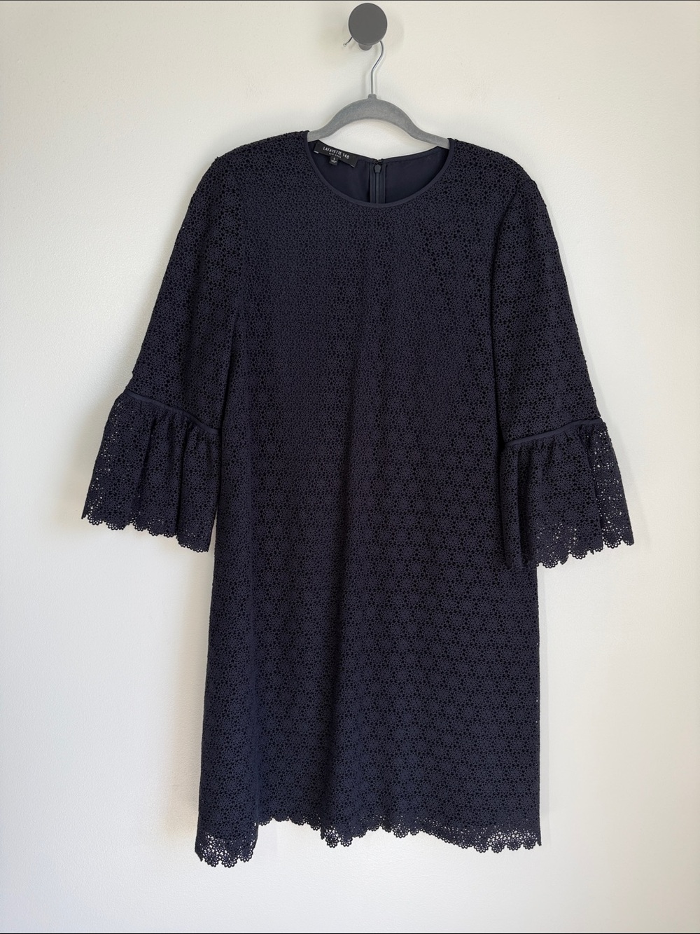 Lafayette 148 Ink Navy Floral Eyelet Bell Sleeve Shift Dress L